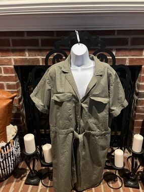 H&M Olive Green Short Sleeve Utility Jean Dress Size: L